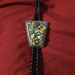 Vintage Western Gemstone Cowboy Black Braided Leather Bolo Tie